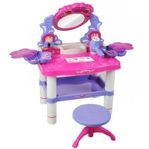 Set masuta toaleta machiaj de jucarie pentru fetite HESSA, cu oglinda, sunete, lumini, scaun, uscator de par si accesorii cosmetice pentru copii