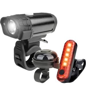 Set lumini bicicleta fata/spate, far fata de 8000 lumeni, faza lunga si faza scurta, reincarcabil USB Type C, 5 moduri de iluminare, stop spate 2 culori, negru