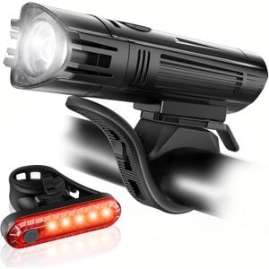 Set Lumini Bicicleta Fata/Spate, Far Fata de 300 Lumeni, Reincarcabil USB, Far si Stop cu 4 Moduri, Vizibil pe Timp de Noapte si Zi, Rezistent la Apa IPX4, Negru