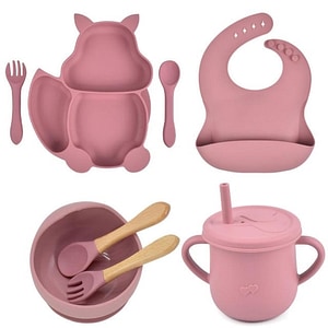 Set complet din silicon fara alergeni pentru diversificare bebe, Empria, Veverita, Roz