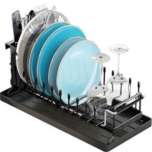 Scurgator vase extensibil cu suport de scurgere, potrivit pentru spatii minimaliste, maxim 10 vase, cu suport pentru pahare si tacamuri, potrivit pentru chiuvete de 35-48 cm, negru