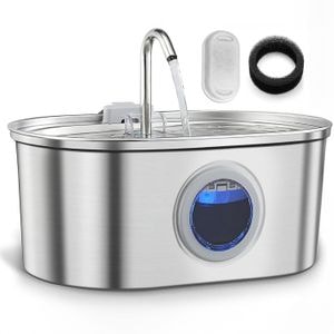 Dispenser apa automat tip fantana pentru pisici si caini, fereastra pentru nivelul apei, otel inoxidabil 304, Model Oval, Sistem de filtrare multiplu, ultra-silentioasa, Argintiu