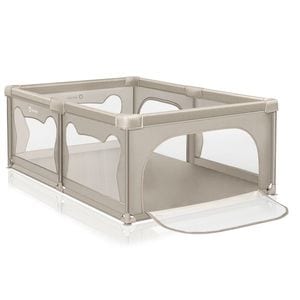 Tarc de joaca Lionelo Willow, 127x187 cm, Pliere compacta, Geanta transport, Din plasa, 2 intrari laterale si fermoar, Ventuze, EN12227:2010, Bej