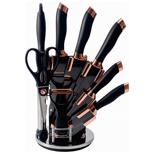 Set de cutite Oliver Voltz OV51633K9G, 9 bucati, suport, negru/aur roz