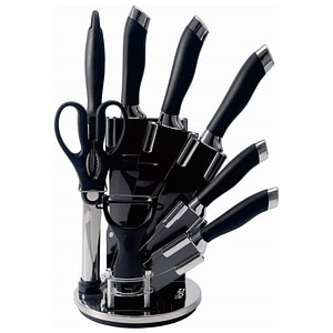 Set cutite Oliver Voltz OV51633K9S, 9 bucati, Suport, negru/argintiu