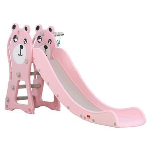 Tobogan Pentru Copii NOVOKIDS Pooh Bear, Pentru Interior si Exterior, 185 cm panta alunecare, Maxim 50 Kg, Cos de baschet, Ursulet, Roz