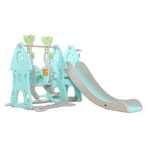 Tobogan 3 in 1 Pentru Copii NOVOKIDS Wonder Slide , cu Leagan, Pentru Interior si Exterior, 187 centimetri panta alunecare, Maxim 40 Kg, Cos de baschet inclus , Albastru