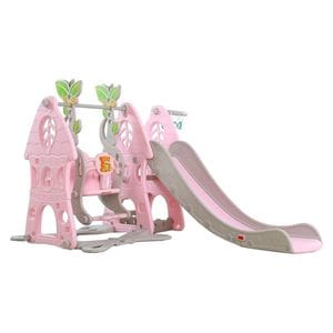 Tobogan 3 in 1 Pentru Copii NOVOKIDS Wonder Slide , cu Leagan, Pentru Interior si Exterior, 187 centimetri panta alunecare, Maxim 40 Kg, Cos de baschet inclus , Roz