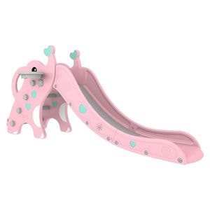 Tobogan Pentru Copii NOVOKIDS Elephant , Pentru Interior si Exterior, 191 centimetri panta alunecare, Maxim 40 Kg, Cos de baschet inclus , Roz