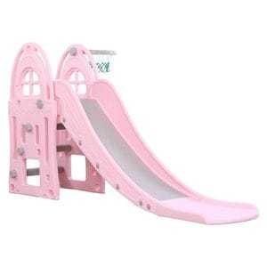 Tobogan Pentru Copii NOVOKIDS Happy Mega Slide, Pentru Interior si Exterior, 187 centimetri panta alunecare, Maxim 50 Kg, Cos de baschet inclus, Roz