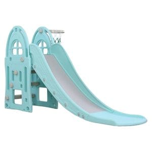 Tobogan Pentru Copii NOVOKIDS Happy Mega Slide , Pentru Interior si Exterior, 187 centimetri panta alunecare, Maxim 50 Kg, Cos de baschet inclus , Albastru