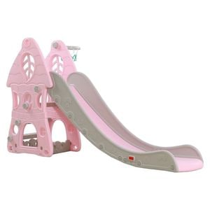 Tobogan Pentru Copii NOVOKIDS Jumbo Castle, Pentru Interior si Exterior, 185 cm panta alunecare, Maxim 50 Kg, Cos de baschet inclus, Castel, Roz