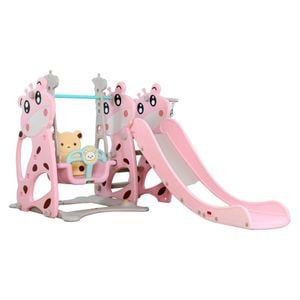 Tobogan 3 in 1 Pentru Copii NOVOKIDS Giraffe Playground, Cu Leagan, Pentru Interior si Exterior, 187 centimetri panta alunecare, Max 40 Kg, Cos de baschet inclus , Roz