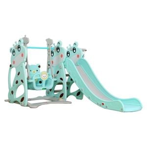 Tobogan 3 in 1 Pentru Copii NOVOKIDS Giraffe Playground, Cu Leagan, Pentru Interior si Exterior, 187 centimetri panta alunecare, Max 40 Kg, Cos de baschet inclus , Albastru
