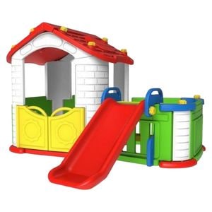 Casuta de joaca 3 in 1 Pentru Copii NOVOKIDS My Happy Playground, Cu Tobogan si Gard, Pentru Interior si Exterior, Maxim 40 Kg, Loc de joaca, Multicolor