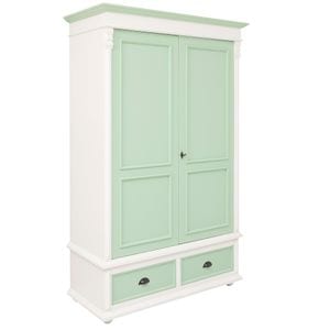 Dulap cu 2 usi si 2 sertare, culoare alb murdar P039, culoare usi si sertare verde deschis, dublu color, 100% lemn masiv, 128x206x62 cm