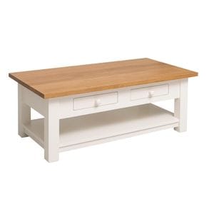 Masa cafea cu 2 sertare, blat stejar, culoare blat maro deschis P001, culoare corp alb murdar P039, dublu color, 100% lemn masiv, 120x45x65 cm