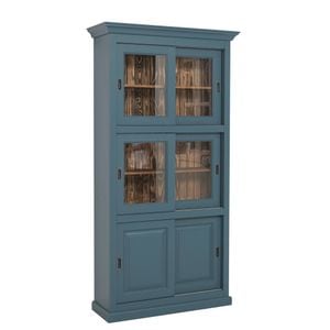 Bufet cu 2 usi glisante, 4 usi sticla glisante, culoare exterior albastru P051, culoare interior maro P064, dublu color, 100% lemn masiv, 110x210x40 cm