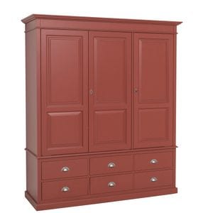 Dulap cu 3 usi si 6 sertare, culoare rosu inchis P029, vopsit antichizat, 100% lemn masiv, 197x59x174 cm