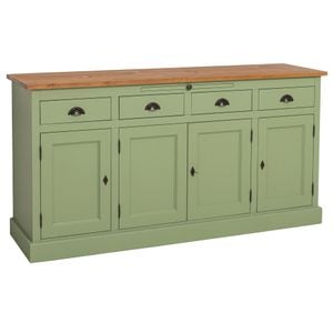 Bufet cu 4 usi, 4 sertare, BAS, culoare blat maro deschis P001, culoare corp exterior verde deschis P054, culoare corp interior alb murdar P039, triplu color, 100% lemn masiv, 90x50x175 cm