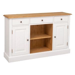 Dulap cu 2 usi, 3 sertare, spatiu deschis, blat stejar, culoare blat maro deschis P002, culoare corp exterior alb P004, culoare corp interior maro deschis P001, dublu color, 100% lemn masiv, 139x85x35
