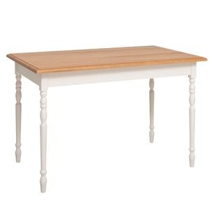 Masa cu blat stejar si picioare strunjite, culoare blat maro deschis P061, culoare corp alb murdar P039A, vopsit antichizat, 100% lemn masiv, 120x78x70 cm