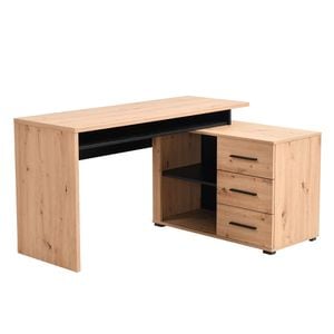 Birou DacEnergy, realizat din PAL melaminat cu finisaj stejar artisan si negru, pe colt, 3 sertare, 3 rafturi, 137.5 x 75 x 101.5 cm