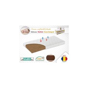 Saltea copii MyKids, Fibra de cocos integral, 140x70x8 cm, Cu husa bumbac matlasat, Alb