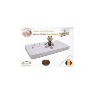 Saltea copii MyKids, Fibra de cocos integral, 140x70x8 cm, Cu husa microfibra matlasatata, Alb