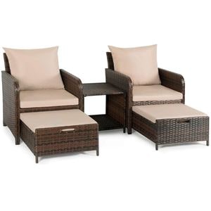 Set mobilier gradina PROCART, 2 fotolii si 2 tabureti otoman, masuta cafea, perne incluse, maro