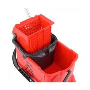 Carucior de curatenie DacEnergy, plastic durabil, capacitate dubla, 10 si 24 l, storcator profesional pentru mop, patru roti, maner ergonomic, rosu