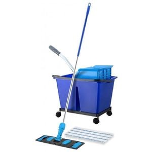 Set de curatenie profesional DacEnergy, maner din aluminiu, mop plat din microfibra cu lungimea de 40 cm, storcator tip presa, galeata cu 2 compartimente, albastru