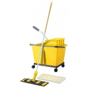 Set de curatenie profesional DacEnergy, maner din aluminiu, mop plat din microfibra cu lungimea de 40 cm, storcator tip presa, galeata cu 2 compartimente, galben