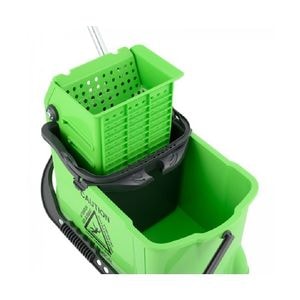 Carucior de curatenie DacEnergy, plastic durabil, capacitate dubla, 10 si 24 l, storcator profesional pentru mop, patru roti, maner ergonomic, verde