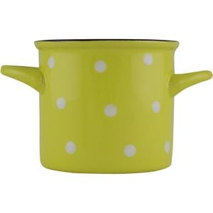 Bol tip cana cu manere, ceramica, galbena, 400 ml, design cu buline, potrivita pentru servit musli, supe si ciorbe, 10 cm, AZHOME