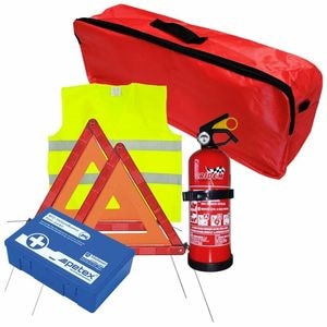 Set pachet auto de prim ajutor cu trusa sanitara Petex, stingator Cridem, 2 triunghiuri presemnalizare, vesta reflectorizanta, geanta organizatoare, rosu