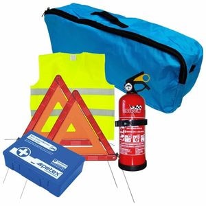 Set pachet auto de prim ajutor cu trusa sanitara Petex, stingator Cridem, 2 triunghiuri presemnalizare, vesta reflectorizanta, geanta organizatoare, albastru