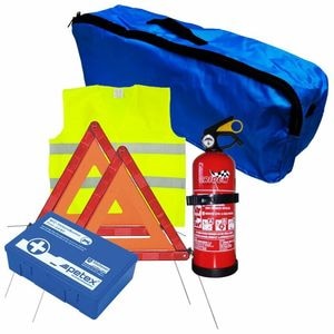 Set pachet auto de prim ajutor cu trusa sanitara Petex, stingator Cridem, 2 triunghiuri presemnalizare, vesta reflectorizanta, geanta organizatoare, bleumarin