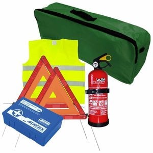 Set pachet auto de prim ajutor cu trusa sanitara Petex, stingator Cridem, 2 triunghiuri presemnalizare, vesta reflectorizanta, geanta organizatoare, verde