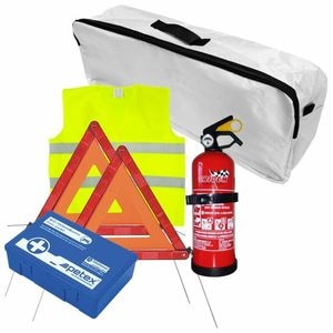 Set pachet auto de prim ajutor cu trusa sanitara Petex, stingator Cridem, 2 triunghiuri presemnalizare, vesta reflectorizanta, geanta organizatoare, alb 