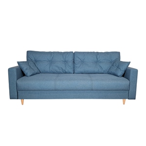 Canapea extensibila Liuba 140, Iza, pat, saltea arcuri Relaxa, lada depozitare, picioare inalte fag, perne decorative, turcoaz, stofa, 220x95x73 cm