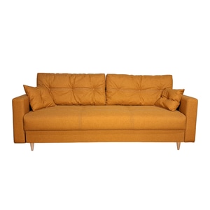 Canapea extensibila Liuba 140, Iza, pat, saltea arcuri Relaxa, lada depozitare, picioare inalte fag, perne decorative, mustar, stofa, 220x95x73 cm