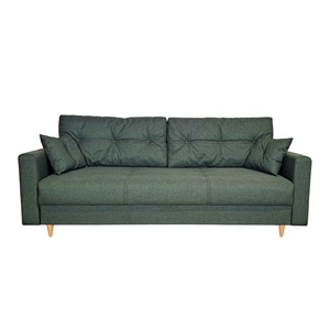 Canapea extensibila Liuba 140, Iza, pat, saltea arcuri Relaxa, lada depozitare, picioare inalte fag, perne decorative, verde, stofa, 220x95x73 cm