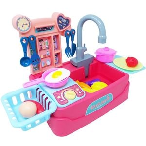 Bucatarie SALAMANDRA KIDS, cu robinet functional, 17 accesorii incluse, roz