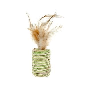 Jucarie pisica Ferribiella Cilindru cu pene, 4.5x6cm, crem-verde deschis