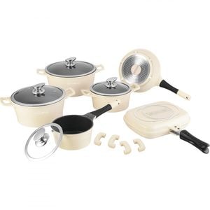 Set oale si tigai Royalty Line RL-ES1015M Crem, Fonta, 15 bucati, Inductie, Finisaj marmura, Crem