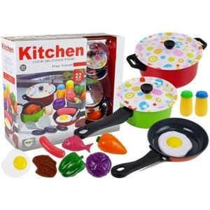Set accesorii bucatarie copii PROCART, alimente, condimente, oale, ustensile, 3 ani+, 22 piese, multicolor