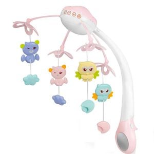Carusel muzical DacEnergy, cu proiector, 13 melodii, telecomanda, bara cu jucarii, lampa Led, roz