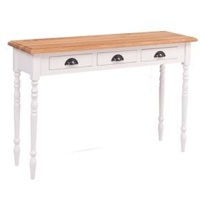 Consola cu picioare strunjite, 3 sertare, blat stejar, culoare blat maro deschis P089, culoare corp alb murdar P039, dublu color, 100% lemn masiv, 120x35x79 cm