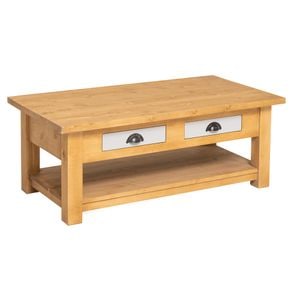 Masa cafea cu 2 sertare, culoare maro deschis P093, culoare sertare gri P010, dublu color, 100% lemn masiv, 120x65x45cm